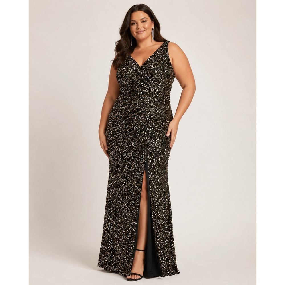 Southern Fried Chics Maxi Dress Gold Sequin Black Faux Wrap L275 XXXL Glam Party